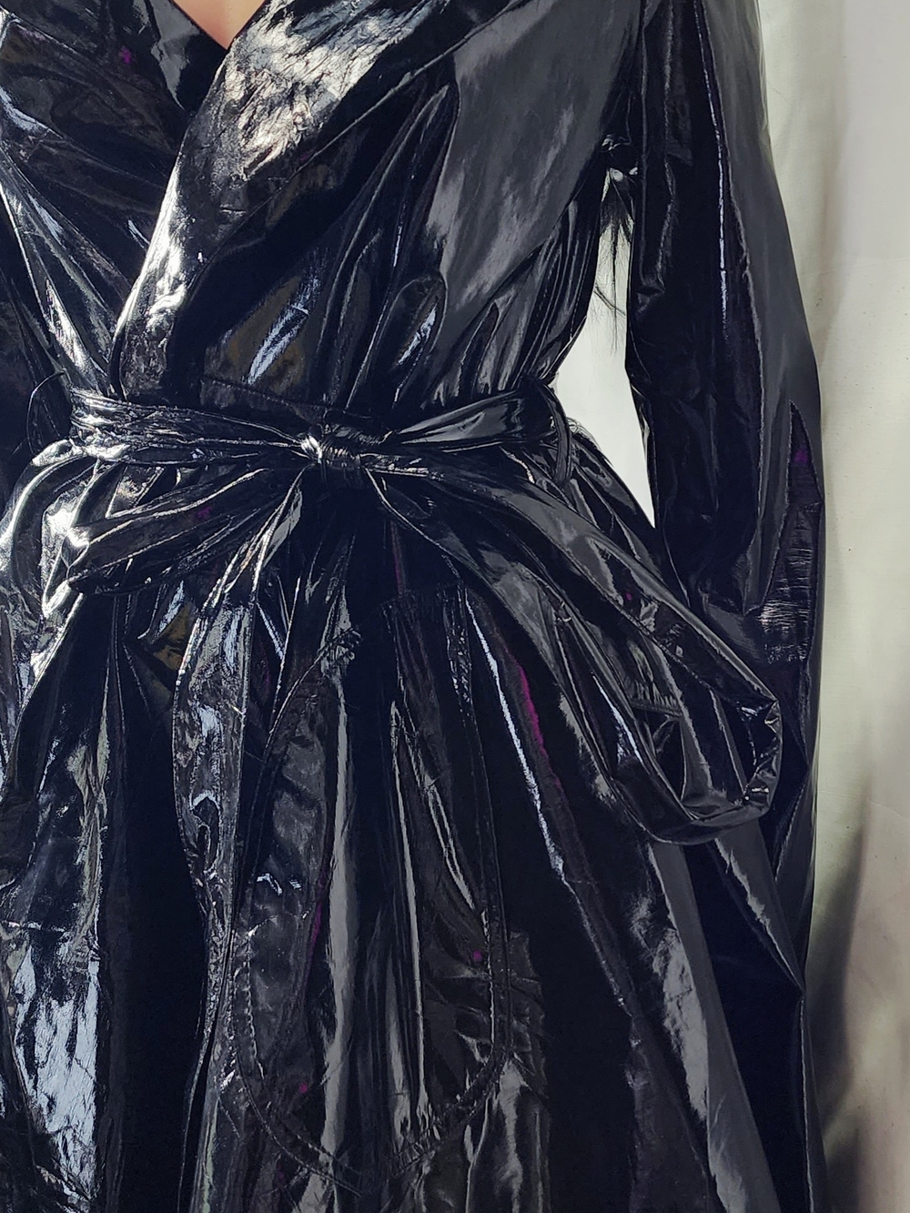 Glossy Black Faux-Leather Wrap Dress with Tie Waist - Picture 2 of 3